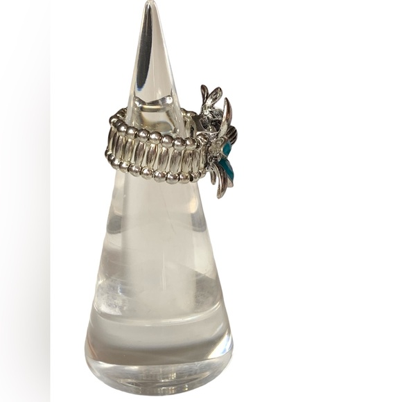 Turquoise Blue Silver Plated Clear Rhinestone  Flower Stretch Band Fashion Ring - Picture 8 of 8